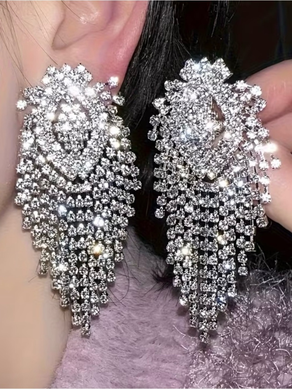 Crystal Fringe Statement Earrings - Silver Sparkle